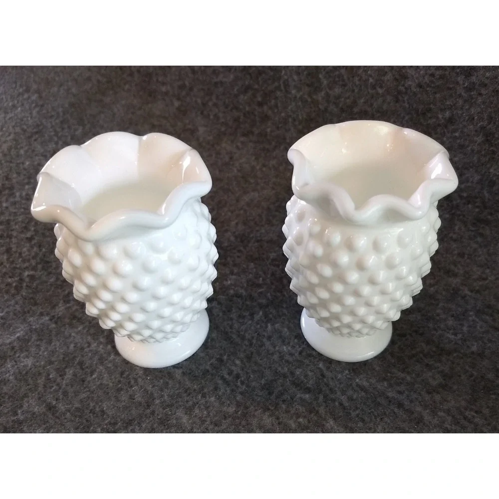 Vintage Fenton White Milk Glass Hobnail Mini Vases Set of 2 Ruffled Crimped Edge